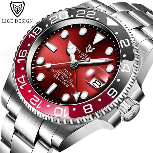 LIGE DESIGN Men GMT Automatic Mechanical Watch Ceramic Bezel 316L Stainless Steel 100m Waterproof Clocks Sapphire Glass Watches