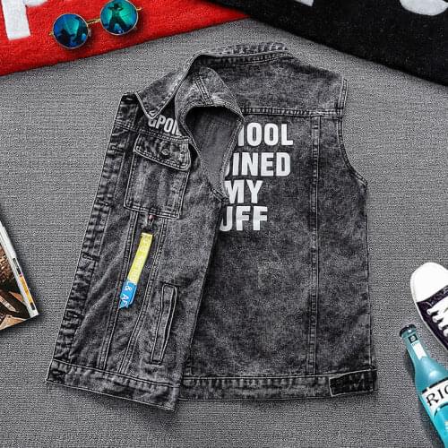BANNAJI Men`s Punk Denim Vest Japanese Style Waistcoat Fashion Vintage Sleeveless Ripped Jeans Jacket and Coat For Male