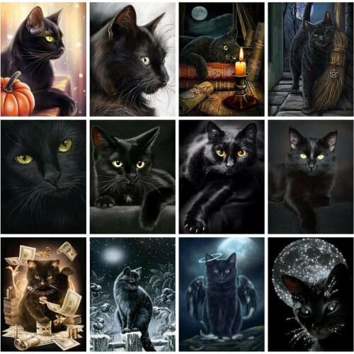 Huacan Full Square Diamond Painting Mosaic Black Cat 5d DIY Diamond Art Embroidery Animal Pictures Of Rhinestones Home Decor