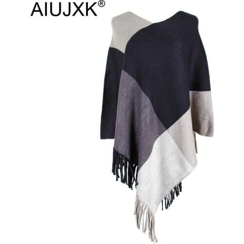 AIUJXK New Arrival 2020 Plaid Color Block Tassel Poncho Sweater Women Fashion Oversize Shawl Cloak Pullovers Female Knitwear