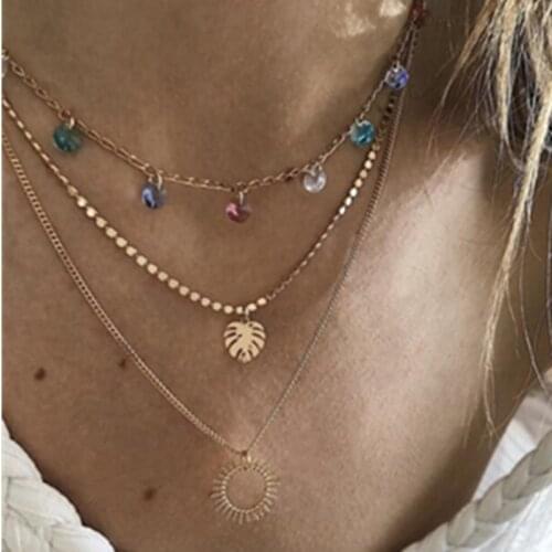 Colorful Glass Beads Choker Necklace Female Alloy Leaf Sun Pendants Necklaces for Women Gold Color 2020 Fashion Jewelry New