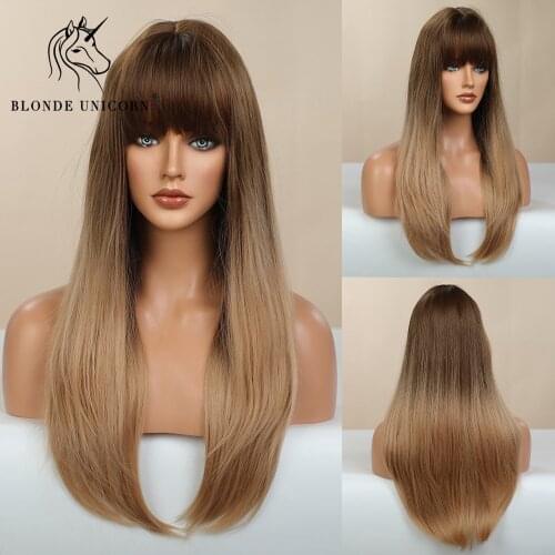 Blonde Unicorn Long Wavy Synthetic Wigs Ombre Black Pink Wigs for Women Cosplay Natural Middle Part Hair Wig Heat Resistant