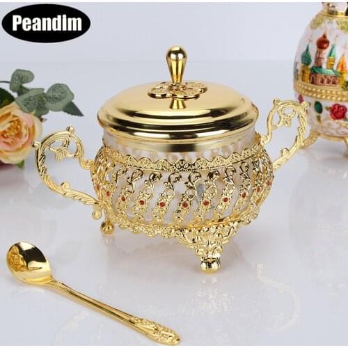 PEANDIM Elegant Jars Gold Finished European Glass Sugar/Salt/Tea/Coffee Jar Storage Tableware Dinnerware Home Table Decoration