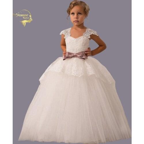 Flower Girl Dresses Bow Sash Ball Gown Lace Tulle First Communion Dresses For Girls Princess Kids Pageant Birthday Evening Gowns