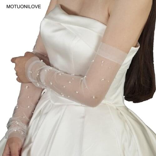 Beach Bridal Gloves Long Opera Arm Sleeves Gloves Pearls Soft Net Wedding Gloves Sun Protection Gloves For Bride Summer GV006