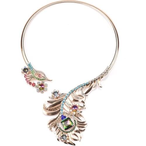 Luxury ZA Feather Shape Crystal Statement Necklace Golden Metal Long Maxi Pendant Necklace Collars Chokers Jewelry Wholesale