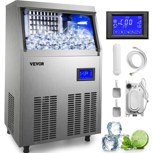 VEVOR Ice Cube Maker with Water Drain Pump 33LBS Storage Stainless Steel Intelligent Touch Screen Auto Clean for Home Commercial