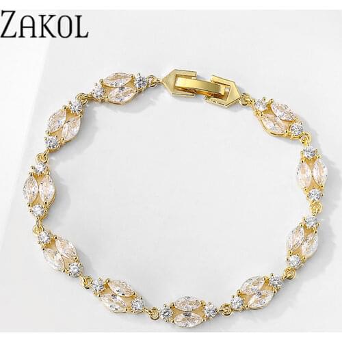 ZAKOL Trendy White Color Leaf Charm Cubic Zirconia Bracelet & Bangles Clear CZ Crystal Bride Jewelry for Women FSBP2183
