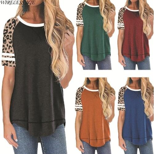 WIRELESS AGE T Shirt Women Short Sleeve Round Neck Leopard Splicing Printed Loose Casual Womens Tops New Summer Fashion Wild