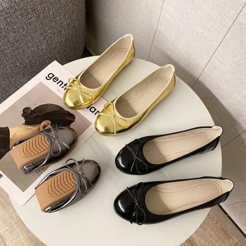 Women/girls bowtie ballet flats women round toe gold/silver flats shoes anti-slip moccasins female bow foldable shoes size 43