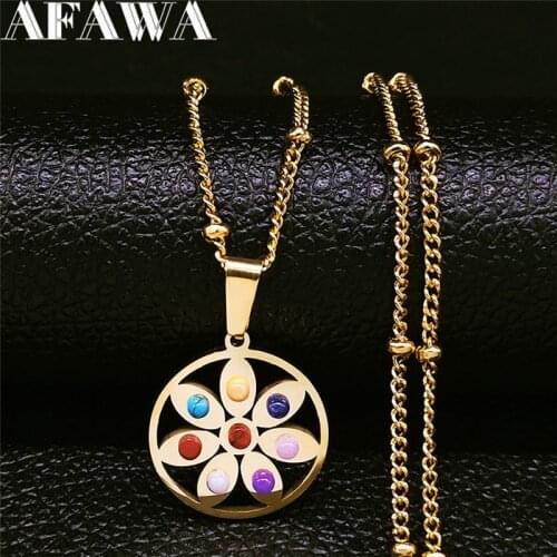 2021 Flower of Life Seven Chakras Stainless Steel Charm Necklace Gold Color Statement Necklace Women Jewelry collier femme NXS02