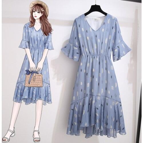 507 Women Floral Dresses V-Neck Fashion Patchwork Fishtail Loose Short Sleeves Breathable Daily Mid Length Dress Female Summer