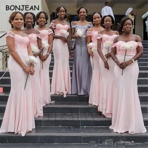 2021 African Off the Shoulder Bridesmaid Dresses Long Lace Elastic Satin Black Girls Bridesmaid Dress Wedding Party Gowns