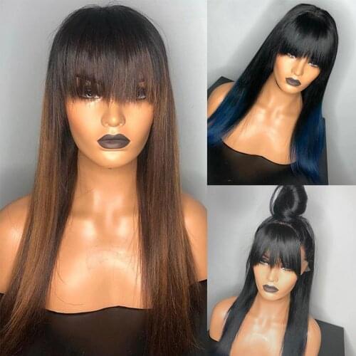 Glueless Blue Ombre Wig 13x4 Peruvian Lace Front Human Hair Wigs With Bangs PrePlucked Remy Fringe Wig 1Bt30 Full Lace 360 Wigs