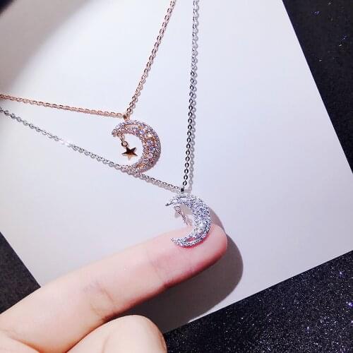 Shiny Star Moon Sterling Silver Color Pendants & Necklaces Double Zircon Necklace Lady for Women Girl Gift Bijoux