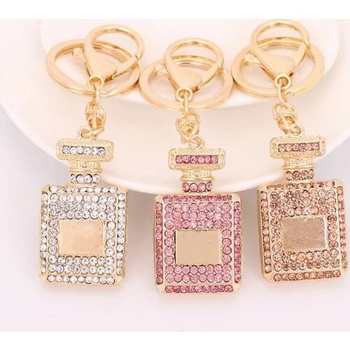 Fine Jewelry Imitation Perfume Bottle Crystal Keychain Car Key Ring Holder Bag Charm Accessories Keyfob Girl Women Keyring Gift