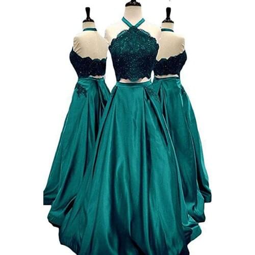 2021 Long Satin 2 Piece Halter Prom Dresses with Pockets Sleeveless Appliques Formal Evening Party Ball Gowns vestidos de gala