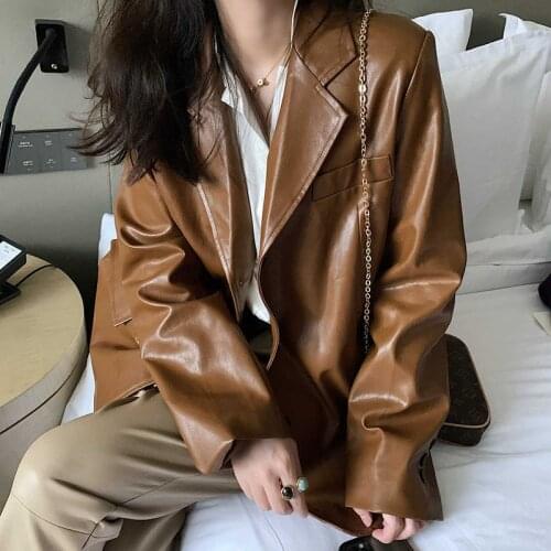 Korean Loose Lapel Faux Leather Women Blazer Streetwear Single-breasted Biker Casual Long-sleeve Female Autumn Brown Veste Femme