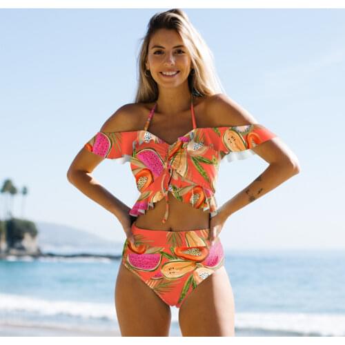 Women Ruffle High Waist Swimsuit Summer Push Up Swimwear Biquini Sexy Brazilian Leaf Print Bikini Set Beachwear Bathing Suits