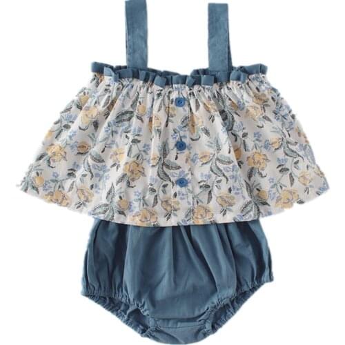Baby Girl Floral Blue Top+Shorts Crop Tank Cotton Summer 2pcs Clothing Set 3 6 9 12 18 24 Month Infant Toddler Clothes OBS214812