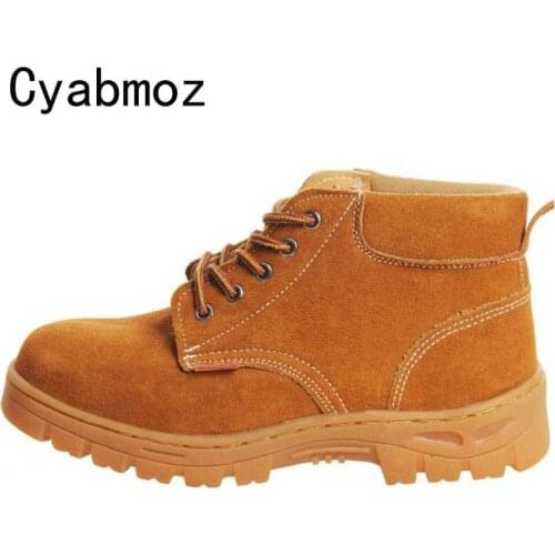 Cyabmoz Mens Big Size 38-46 Genuine Leather Boots Steel Toe Work Safety Shoes Outdoor Fashion Lightweight Anti Puncture Proof