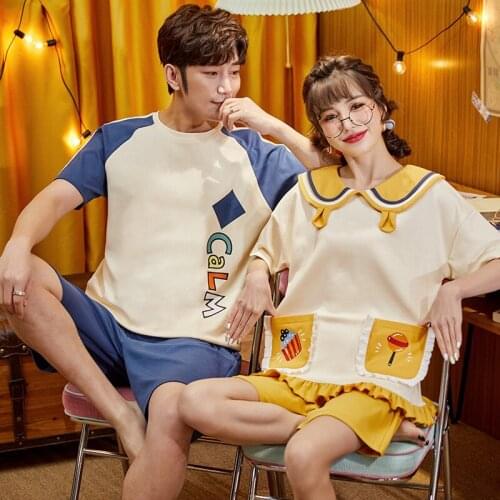 Couple Pajamas Set Summer Casual O-Neck Short Sleeve Women And Men Sleepwear Kawaii Yellow Doll Collar Princess Girls Homewear