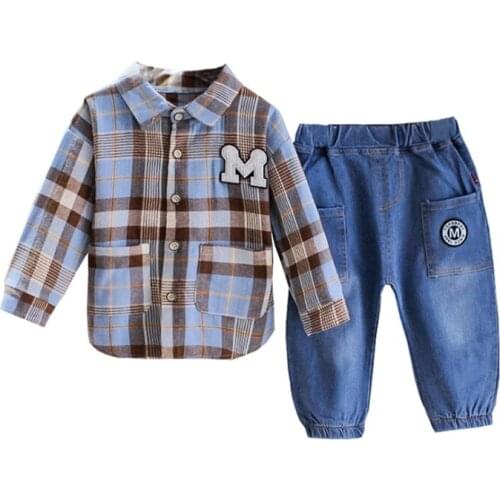 New Autumn Baby Fashion Clothes Children Boy Plaid Shirt Girls Jeanspants 2pcs/set Spring Kids Clothing Infant Casual Sportswear