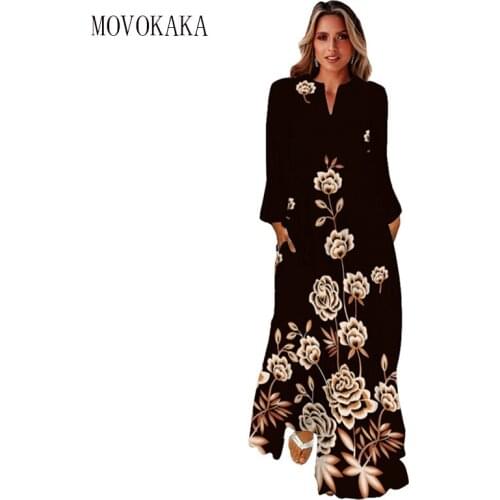 MOVOKAKA Flower Print Dress Women Black Elegant Casual Long Sleeve Loose Long Dresses Woman Party Autumn Winter Maxi Dress Women