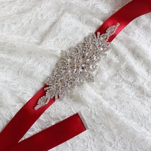 Shiny Red Satin Belt Rhinestone Bridal Belt Wedding Waistband Accessory Applique For Evening Prom Dresses Wedding decoration
