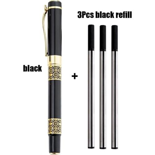 1+3Pcs Luxury Golden Carving Black Wood Ballpoint Pens Business Signature Roller Pen Writing Ballpen Office Stationery Supplies