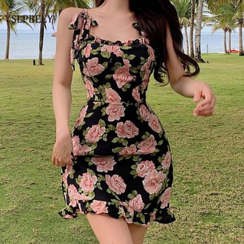 SLPBELY Vintage Sleeveless Dress Women Strap Flower Print Mini Sexy Bodycon Summer Off Shouder Bench Party Dress Sling Vestido