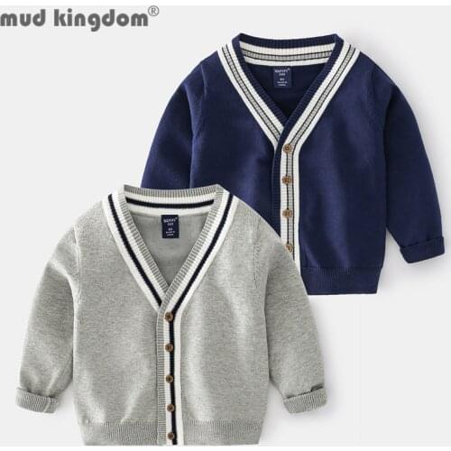 Mudkingdom Little Boy Sweater Casual V-neck Open Stitch Button Long Sleeve Solid Cotton Tops Kids Fashion Clothes Spring Autumn