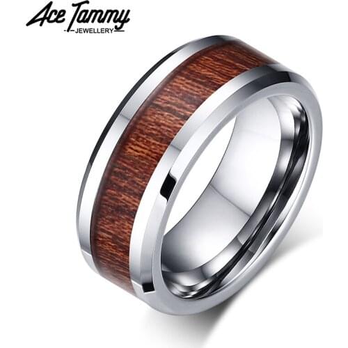 Vintage 100% Tungsten Ring Trendy Wood Inlay Comfort Fit Mens Promised Ring Band High Polished Wedding Jewelry