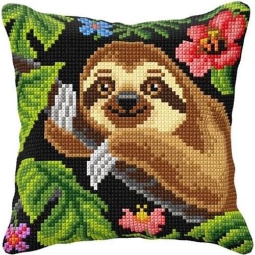 Cross Stitch Cushion Front Sloth in a Tree Needlepoint Kits Printed Canvas Chunky Yarn Cross-stitch Pillow Case Arts & Crafts