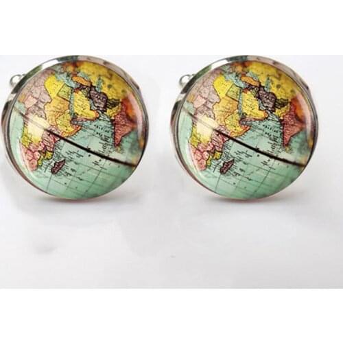 Vintage Earth World Map Cufflinks Globe Planet Art Photo Crystal Glass Dome Shirt Cuff Links for Men Jewelry Accessories