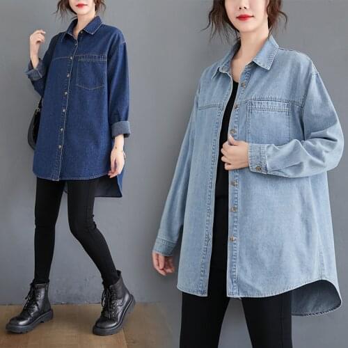 2021 New Spring Summer Denim Jacket Women Clothes Turn-Down Collar Full Sleeves Single Breasted Dark Blue Shirt Cardigan Tops