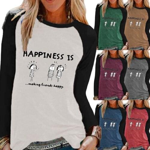 Ladies Spring Autumn New Fashion Round Neck Raglan Sleeve T-Shirt Casual Long Sleeve Printing Top Plus Size Women Pullovers