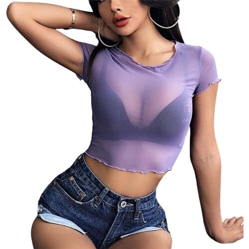 Women Summer Fashion Casual Tees Sexy Cop Tops Short Sleeve Round Neck See-Through Mesh T-Shirt Orange Green White Purple Blue
