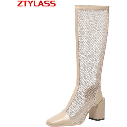 2021 New Summer Women Hollow Mesh Boots Fashion Zipper Knee High Boots Patent Leather Square Toe Thick High Heel Autumn Shoes