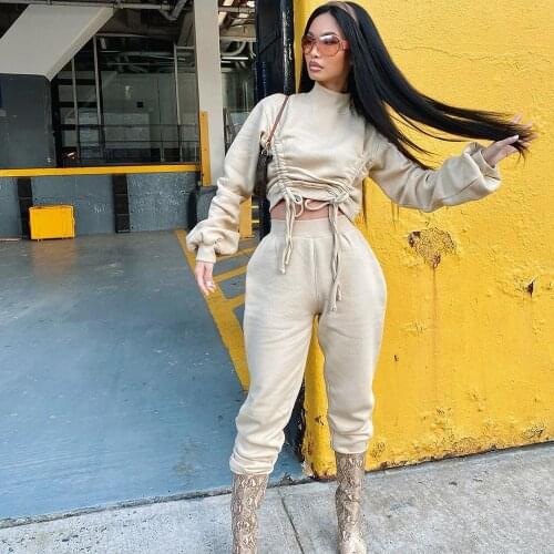 Solid Streetwear Two Piece Set Womens Set Turtleneck Long Sleeve Drawstring Ruched Top and Sweatpants Sets Women Winter Outfits
