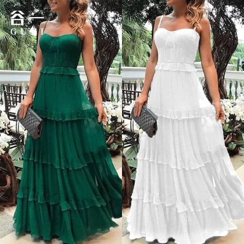 Green Tulle Spaghetti Strap Womens Dress Elegant Party Evening Sleeveless Sexy Long Dresses Pleated Ruffles Maxi Summer Dress