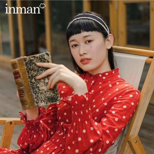 INMAN Autumn Winter Vintage Elegant Long Flare Sleeve Female Retro Dot Printing Band Waist Slim Pastoral Style Floral Dress