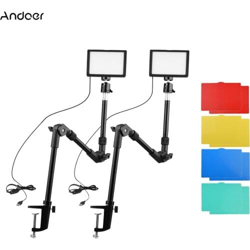 Andoer Foldable USB Video Lighting Kit 3200K-5600K LED Video Lights with Foldable Desk Mount Light Stands for Live Streaming