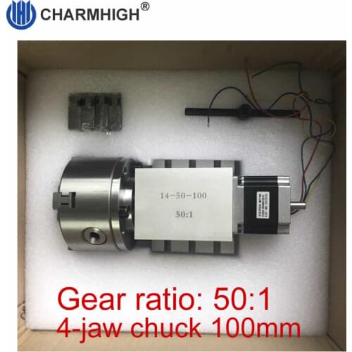 Free shipping 50:1 gear ratio CNC 4th Axis 4 jaw 100mm Chuck, gapless harmonic drive reduction gear box for CNC router