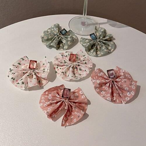 Exaggerated Sweet Floral Print Fabric Big Bowknot Crystal Stud Earrings Bohemian Korean Fashion Earrings Party Jewelry 2021 New