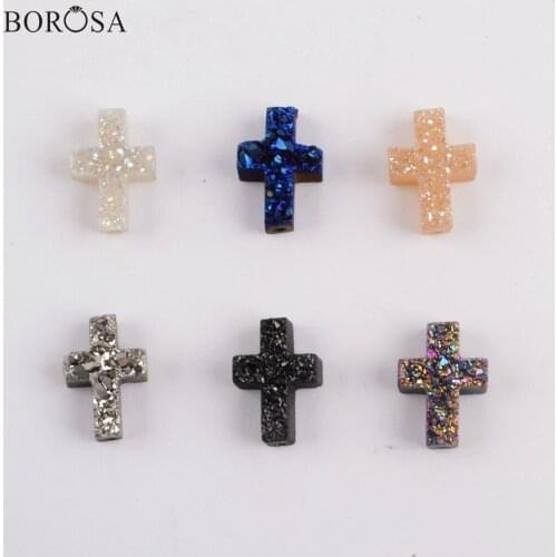 BOROSA 10Pcs Rainbow Cross Titanium Agates Druzy Bead Electroplated Natural Drusy Beads Jewelry Finding for Bracelet DIY LS065