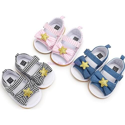 DHL 50pair Toddler Summer Cotton Cloth Sandals Striped Plaid Denim Bowknot Anti-Slip Soft Baby Shoes First Shoes