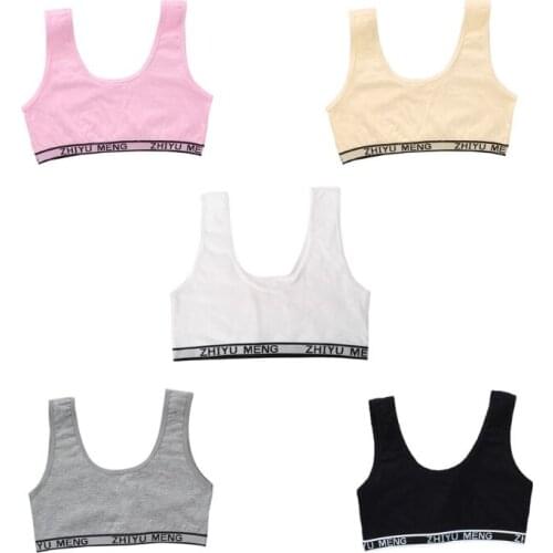 Kids Cotton Sports Training Bra Underwear Solid Color Letters Printed Scoop Neckline Teenage Puberty Girl Wireless Bralette Vest