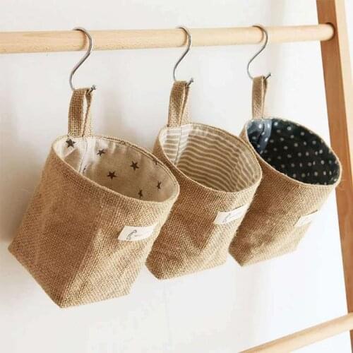 Jute Cotton Linen Small Desktop Storage Basket Hanging Pocket Sack Sundries Storage Box With Handle