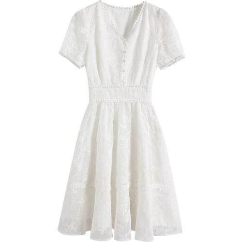 Elegant Embroidery White Dress High Waist Slim Short Sleeve V-neck Chiffon Fashion Women Dresses 9156